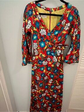 Vintage Dynasty Vibrant Red Floral Wrap Maxi Dress